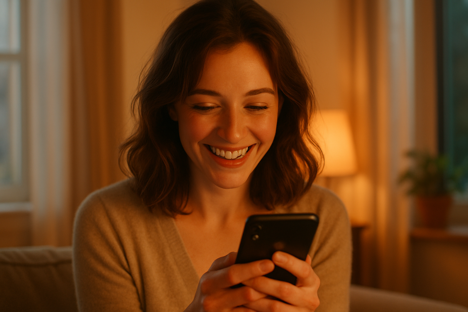 a happy woman reading her lover message on the phone who's inviting her for a dinner date